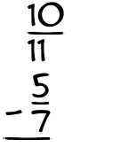 What is 10/11 - 5/7?