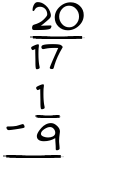 What is 20/17 - 1/9?