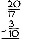 What is 20/17 - 3/10?