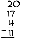 What is 20/17 - 4/11?