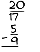 What is 20/17 - 5/9?