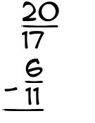 What is 20/17 - 6/11?