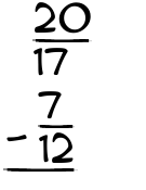 What is 20/17 - 7/12?