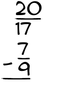 What is 20/17 - 7/9?