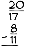 What is 20/17 - 8/11?