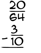 What is 20/64 - 3/10?