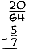 What is 20/64 - 5/7?