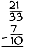 What is 21/33 - 7/10?