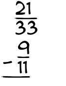 What is 21/33 - 9/11?