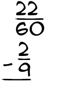 What is 22/60 - 2/9?
