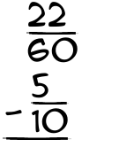 What is 22/60 - 5/10?