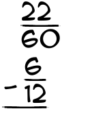 What is 22/60 - 6/12?