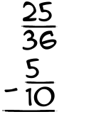 What is 25/36 - 5/10?