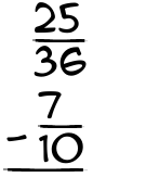 What is 25/36 - 7/10?