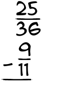 What is 25/36 - 9/11?