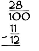 What is 28/100 - 11/12?