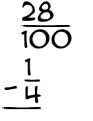 What is 28/100 - 1/4?