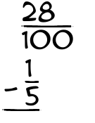 What is 28/100 - 1/5?