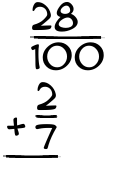 What is 28/100 + 2/7?