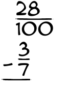 What is 28/100 - 3/7?