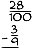 What is 28/100 - 3/9?