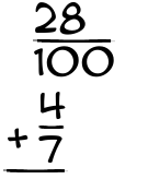 What is 28/100 + 4/7?