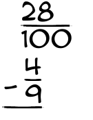 What is 28/100 - 4/9?