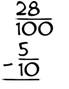 What is 28/100 - 5/10?
