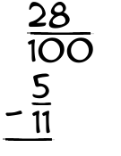 What is 28/100 - 5/11?