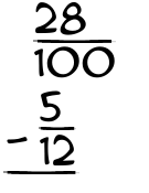 What is 28/100 - 5/12?
