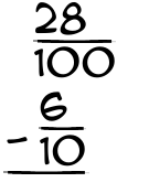 What is 28/100 - 6/10?