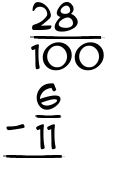 What is 28/100 - 6/11?