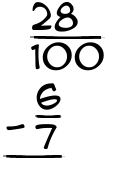 What is 28/100 - 6/7?