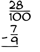What is 28/100 - 7/9?