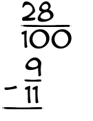 What is 28/100 - 9/11?