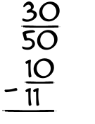 What is 30/50 - 10/11?