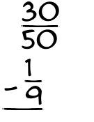 What is 30/50 - 1/9?