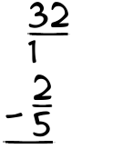 What is 32/1 - 2/5?