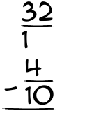 What is 32/1 - 4/10?