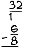 What is 32/1 - 6/8?