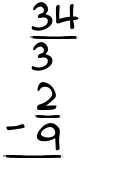 What is 34/3 - 2/9?