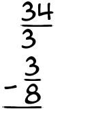 What is 34/3 - 3/8?