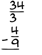 What is 34/3 - 4/9?