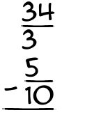 What is 34/3 - 5/10?