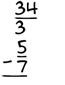 What is 34/3 - 5/7?