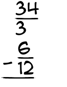 What is 34/3 - 6/12?