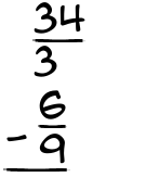 What is 34/3 - 6/9?