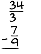 What is 34/3 - 7/9?
