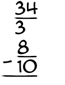 What is 34/3 - 8/10?