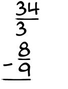 What is 34/3 - 8/9?